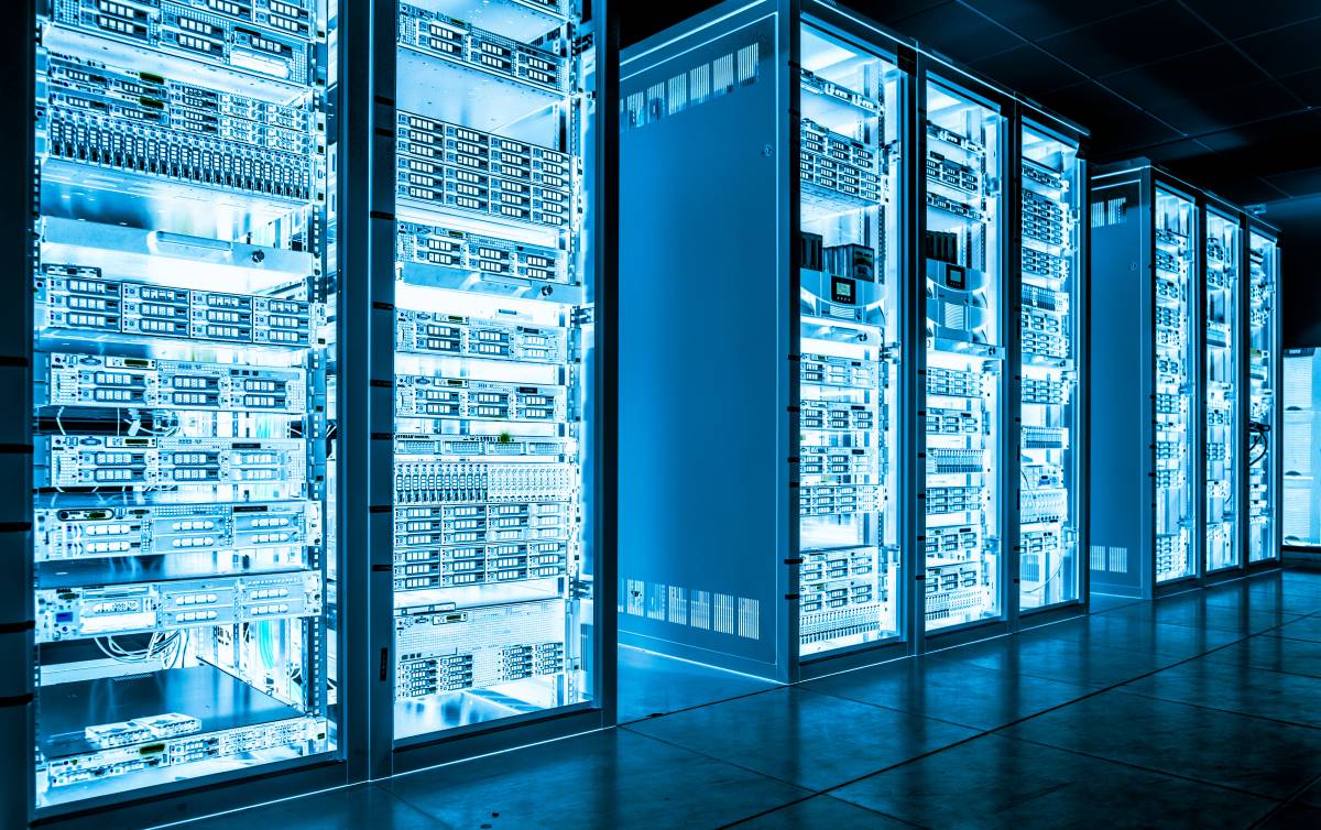 Big Data Server Room Lit in Blue
