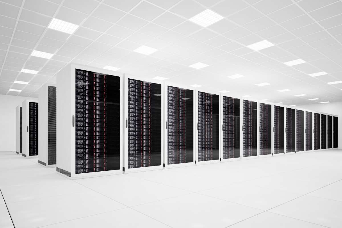 Data Center with long row of server angular view 