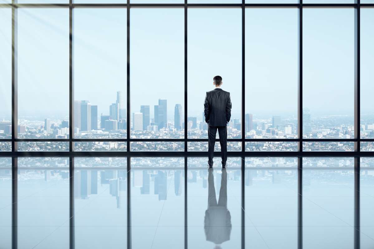 Back view of businessman looking out of window