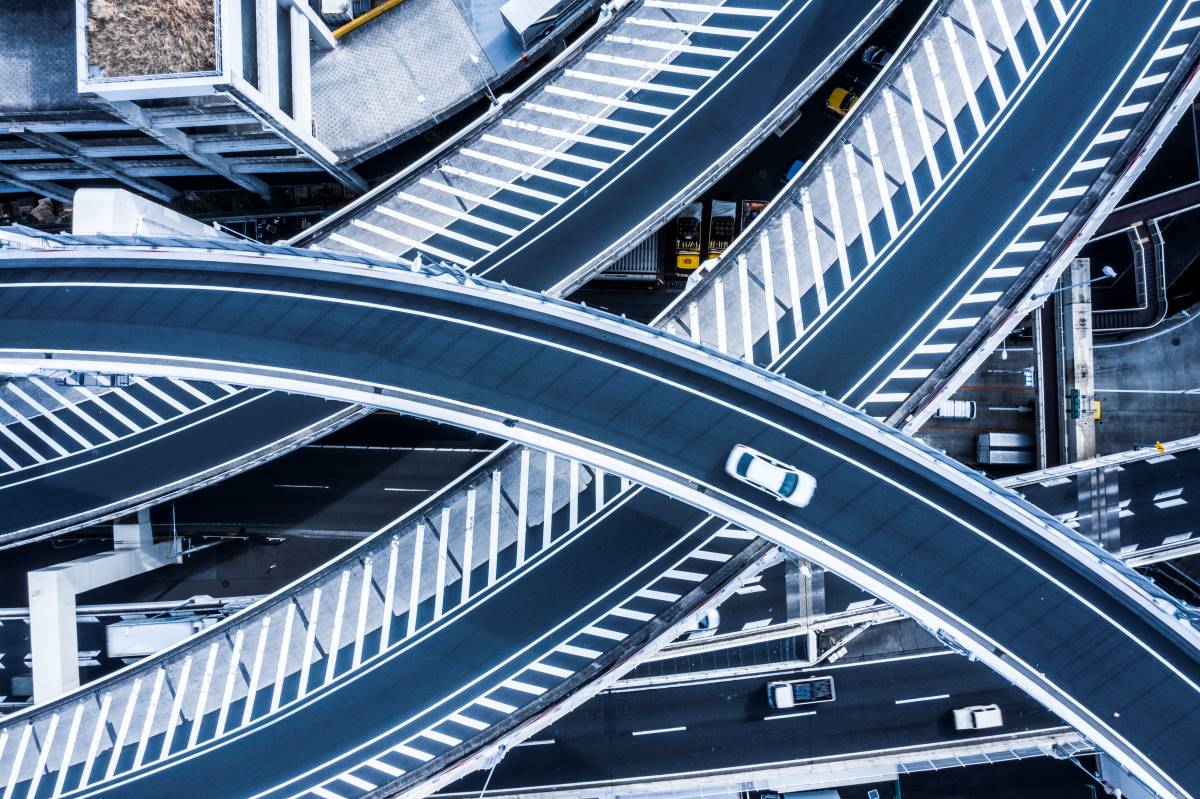 Aerial view of exit ramps on a highway 