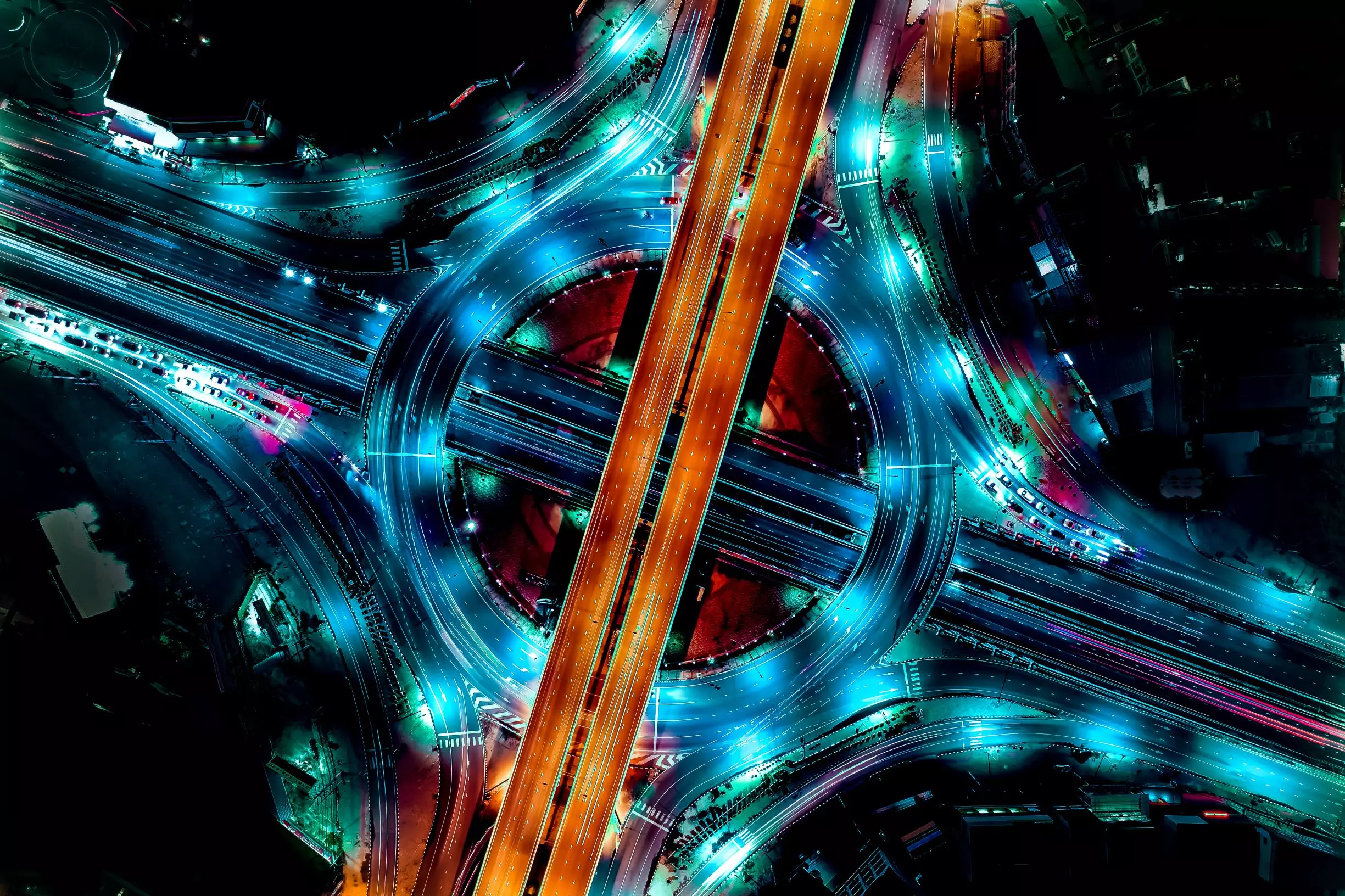 Expressway_at_Night_Aerial Transportation with Expressway, Road and Roundabout