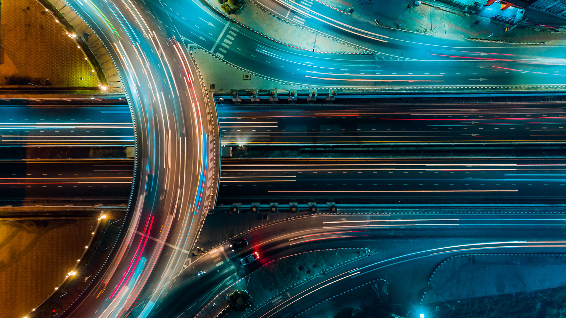 Stylized aerial view of an overpass at night